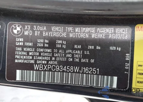 2008 BMW X3 3.0Si from USA, damaged, VIN WBXPC93458WJ16251